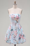 Pink Satin Strapless A-Line Floral Homecoming Dress with Lace Up Back