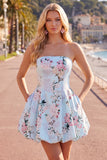 Pink Satin Strapless A-Line Floral Homecoming Dress with Lace Up Back