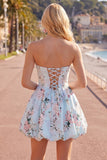 Pink Satin Strapless A-Line Floral Homecoming Dress with Lace Up Back