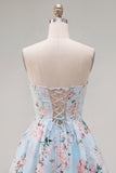 Pink Satin Strapless A-Line Floral Homecoming Dress with Lace Up Back