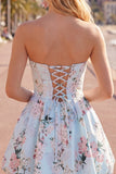 Pink Satin Strapless A-Line Floral Homecoming Dress with Lace Up Back