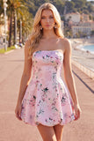 Pink Satin Strapless A-Line Floral Homecoming Dress with Lace Up Back