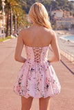 Pink Satin Strapless A-Line Floral Homecoming Dress with Lace Up Back