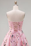 Pink Satin Strapless A-Line Floral Homecoming Dress with Lace Up Back