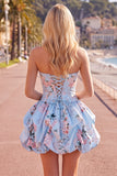 Strapless Blue A-Line Satin Floral Homecoming Dress with Lace Up Back