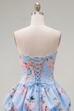 Strapless Blue A-Line Satin Floral Homecoming Dress with Lace Up Back