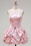 Strapless Blue A-Line Satin Floral Homecoming Dress with Lace Up Back