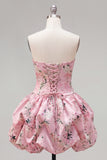 Strapless Blue A-Line Satin Floral Homecoming Dress with Lace Up Back