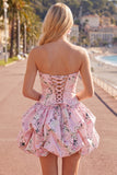 Strapless Blue A-Line Satin Floral Homecoming Dress with Lace Up Back