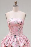 Strapless Blue A-Line Satin Floral Homecoming Dress with Lace Up Back