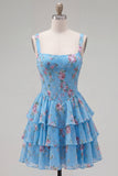 Blue Chiffon Corset Tiered Floral A-Line Square Neck Short Homecoming Dress