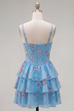 Blue Chiffon Corset Tiered Floral A-Line Square Neck Short Homecoming Dress