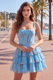 Blue Chiffon Corset Tiered Floral A-Line Square Neck Short Homecoming Dress