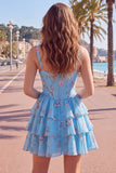 Blue Chiffon Corset Tiered Floral A-Line Square Neck Short Homecoming Dress