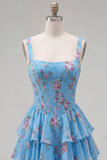 Blue Chiffon Corset Tiered Floral A-Line Square Neck Short Homecoming Dress