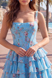 Blue Chiffon Corset Tiered Floral A-Line Square Neck Short Homecoming Dress