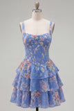 Blue Chiffon Corset Tiered Floral A-Line Square Neck Short Homecoming Dress