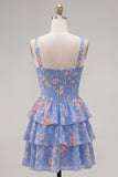 Blue Chiffon Corset Tiered Floral A-Line Square Neck Short Homecoming Dress