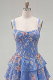 Blue Chiffon Corset Tiered Floral A-Line Square Neck Short Homecoming Dress