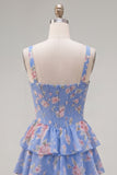 Blue Chiffon Corset Tiered Floral A-Line Square Neck Short Homecoming Dress