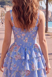 Blue Chiffon Corset Tiered Floral A-Line Square Neck Short Homecoming Dress