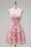 Blue Chiffon Corset Tiered Floral A-Line Square Neck Short Homecoming Dress