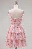 Blue Chiffon Corset Tiered Floral A-Line Square Neck Short Homecoming Dress