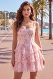 Blue Chiffon Corset Tiered Floral A-Line Square Neck Short Homecoming Dress