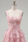 Blue Chiffon Corset Tiered Floral A-Line Square Neck Short Homecoming Dress