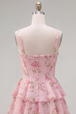 Blue Chiffon Corset Tiered Floral A-Line Square Neck Short Homecoming Dress