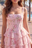 Blue Chiffon Corset Tiered Floral A-Line Square Neck Short Homecoming Dress