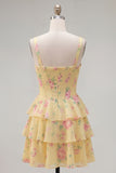 Blue Chiffon Corset Tiered Floral A-Line Square Neck Short Homecoming Dress
