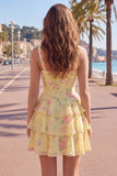 Blue Chiffon Corset Tiered Floral A-Line Square Neck Short Homecoming Dress