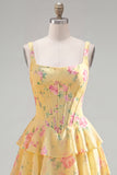 Blue Chiffon Corset Tiered Floral A-Line Square Neck Short Homecoming Dress