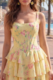 Blue Chiffon Corset Tiered Floral A-Line Square Neck Short Homecoming Dress