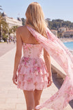 Yellow Strapless Tiered Floral A-Line Ruffle Short Homecoming Dress