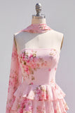 Yellow Strapless Tiered Floral A-Line Ruffle Short Homecoming Dress