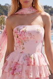 Yellow Strapless Tiered Floral A-Line Ruffle Short Homecoming Dress