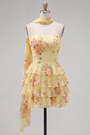 Yellow Strapless Tiered Floral A-Line Ruffle Short Homecoming Dress