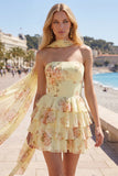 Yellow Strapless Tiered Floral A-Line Ruffle Short Homecoming Dress