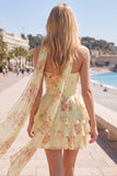 Yellow Strapless Tiered Floral A-Line Ruffle Short Homecoming Dress