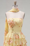 Yellow Strapless Tiered Floral A-Line Ruffle Short Homecoming Dress