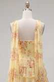 Yellow Strapless Tiered Floral A-Line Ruffle Short Homecoming Dress