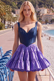Pink Fuchsia A-Line Corset 2 Piece Thick Straps Short Homecoming Dress with Ruffles