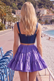 Pink Fuchsia A-Line Corset 2 Piece Thick Straps Short Homecoming Dress with Ruffles