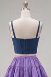 Pink Fuchsia A-Line Corset 2 Piece Thick Straps Short Homecoming Dress with Ruffles