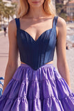 Pink Fuchsia A-Line Corset 2 Piece Thick Straps Short Homecoming Dress with Ruffles