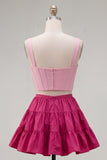 Pink Fuchsia A-Line Corset 2 Piece Thick Straps Short Homecoming Dress with Ruffles