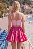 Pink Fuchsia A-Line Corset 2 Piece Thick Straps Short Homecoming Dress with Ruffles