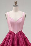 Pink Fuchsia A-Line Corset 2 Piece Thick Straps Short Homecoming Dress with Ruffles